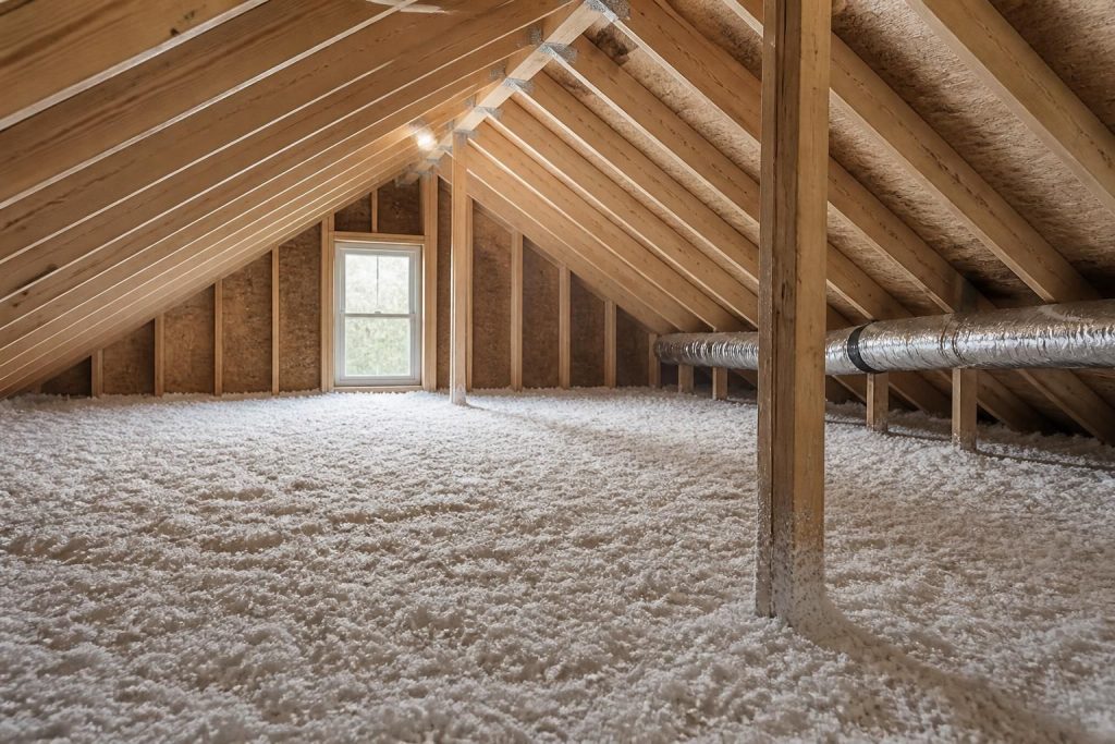 Freshly insulated attic with clean blown-in insulation coverage