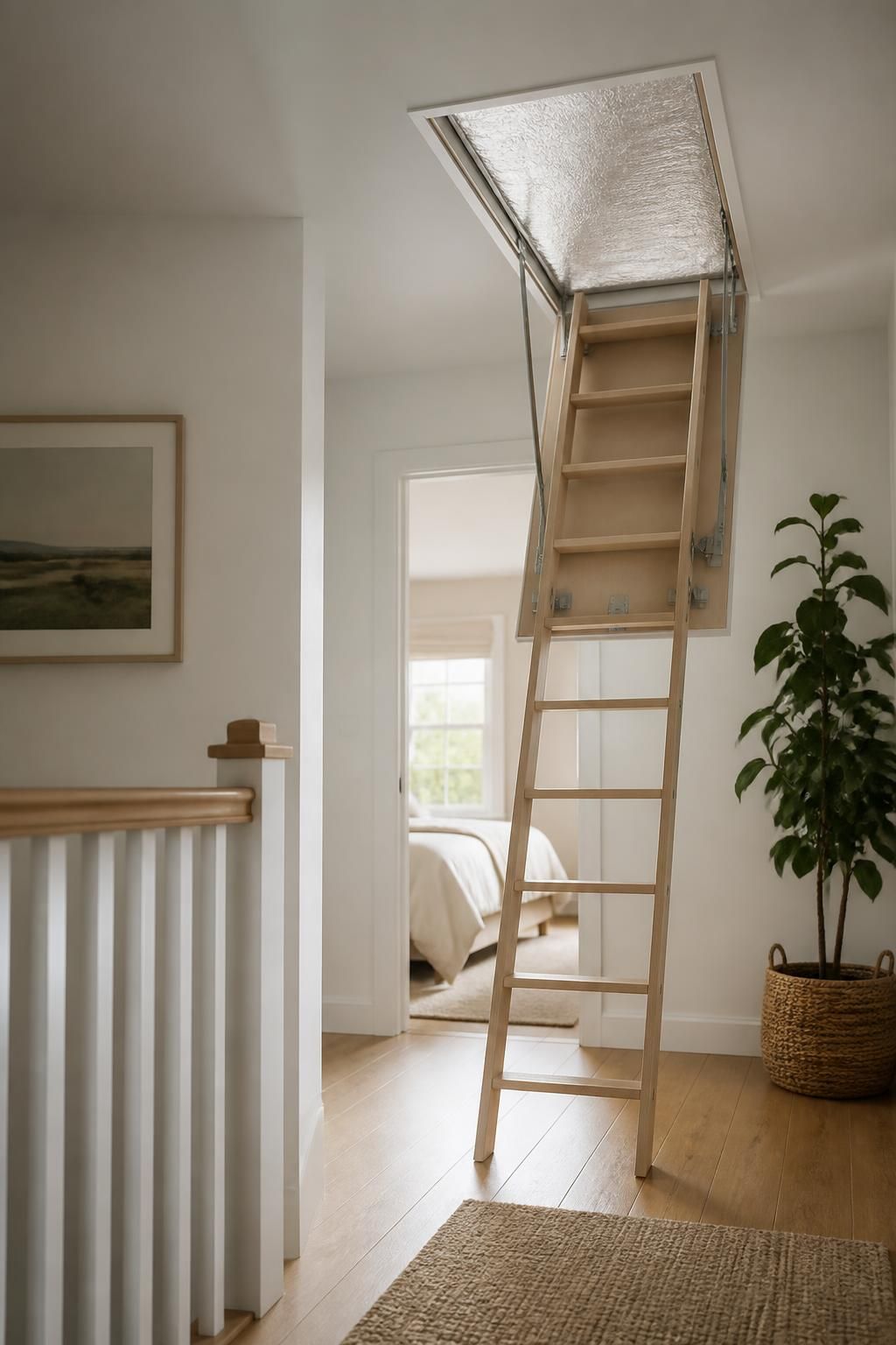 Bright home interior with a clean finished attic insulation result